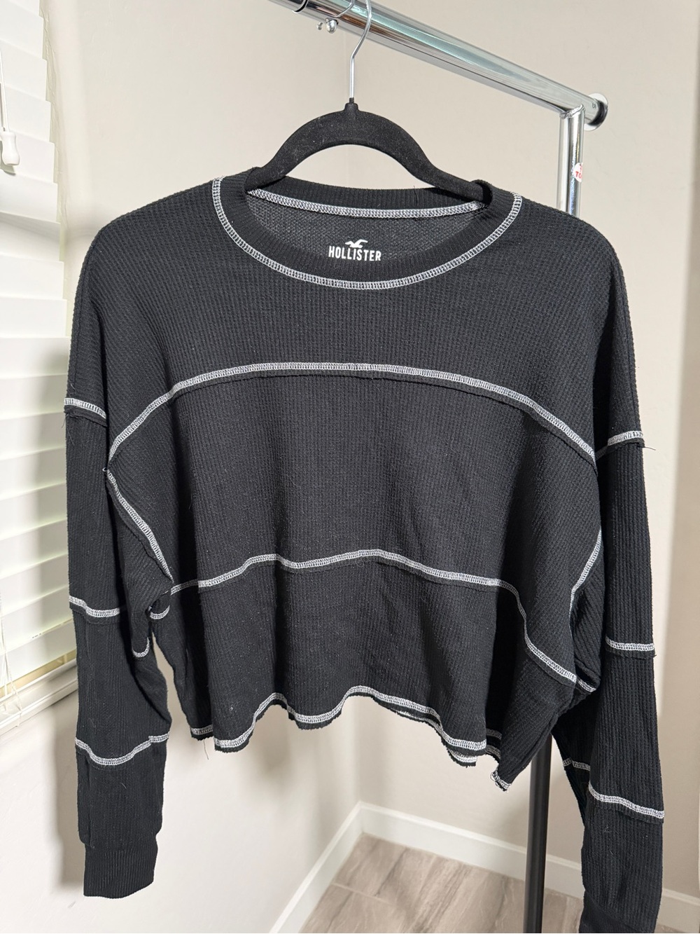 Hollister Black Waffle-Knit Long Sleeve Top with Contrast Stitching